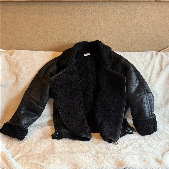 Black Faux Leather Jacket with Shearling Trim - Picture 4 of 5